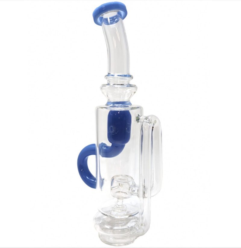 7.5-inch Puffco glass recycler attachment with blue accents, designed for enhanced smoke filtration and smoother smoking experience with clear glass construction.