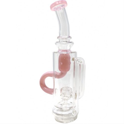 7.5-inch Puffco glass recycler attachment with pink accents, designed for enhanced smoke filtration and smooth vaping experience with clear glass construction.