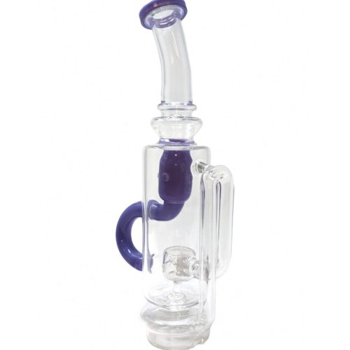 7.5-inch Puffco glass recycler attachment with purple accents, designed for improved smoke filtration and smoother vaping with clear glass construction.  