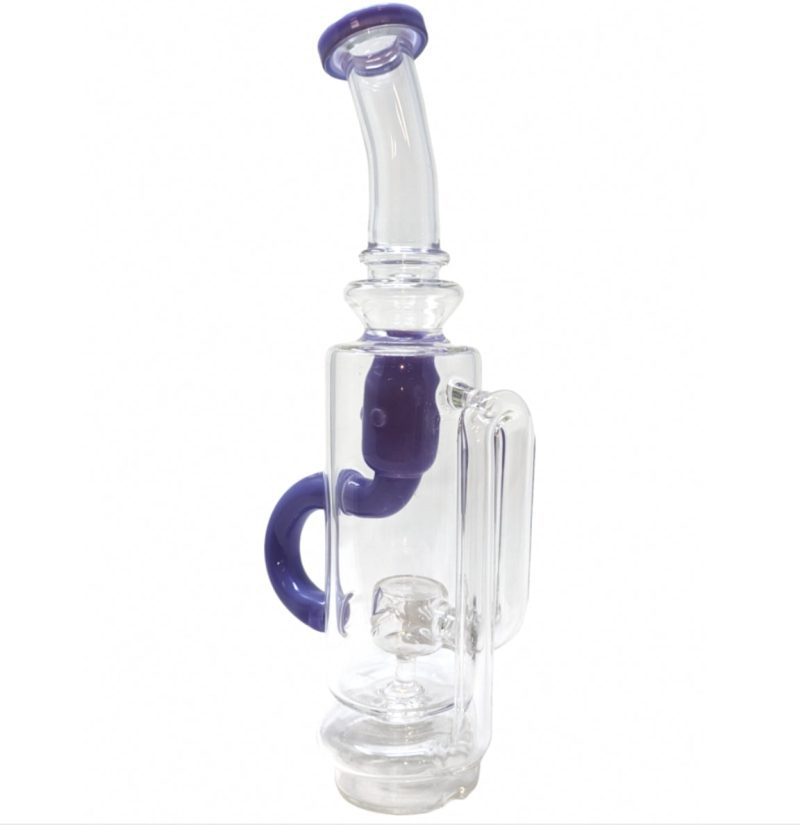 7.5-inch Puffco glass recycler attachment with purple accents, designed for improved smoke filtration and smoother vaping with clear glass construction.