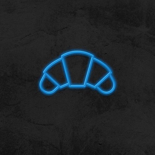 Blue neon croissant LED sign with a dark textured background, perfect for bakery decor or cafe branding.