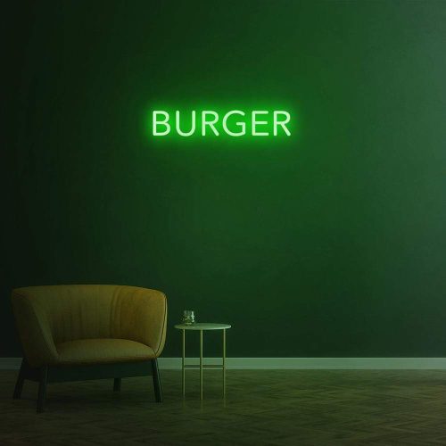 Burger green LED neon sign, vibrant wall decor for kitchens, restaurants, or cafes