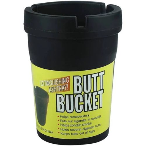 Black car portable butt bucket ashtray, odor-removing cigarette extinguisher for smoke containment and discreet butt disposal.