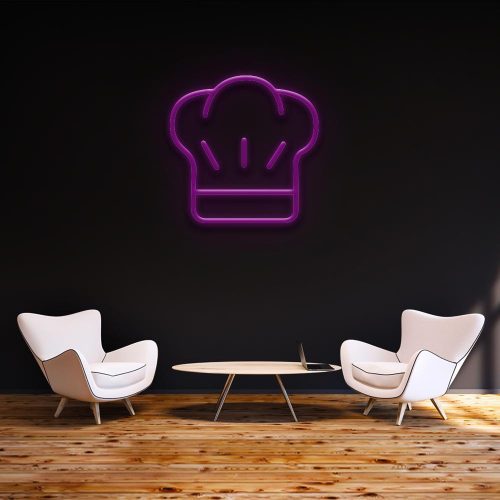 Purple LED neon chef hat sign for modern kitchen or dining area decor.