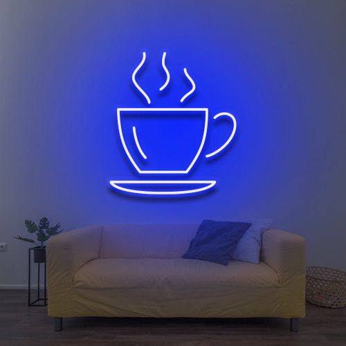 Blue LED neon coffee cup sign with steam, stylish neon light for coffee shops and kitchens