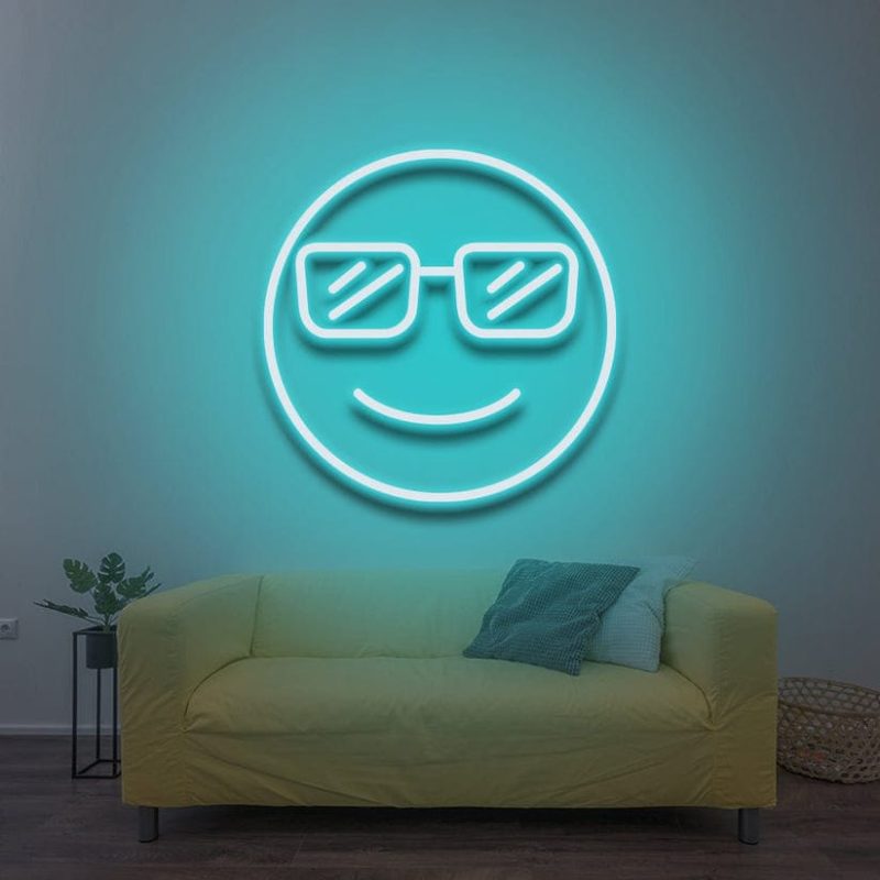 cool smiley neon sign aqua blue