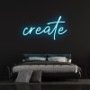 Blue neon 'create' sign on a bedroom wall creating a relaxing and creative atmosphere.